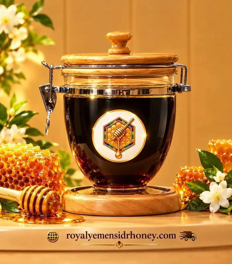 Royal Sumur Honey in a glass jar with honeycomb